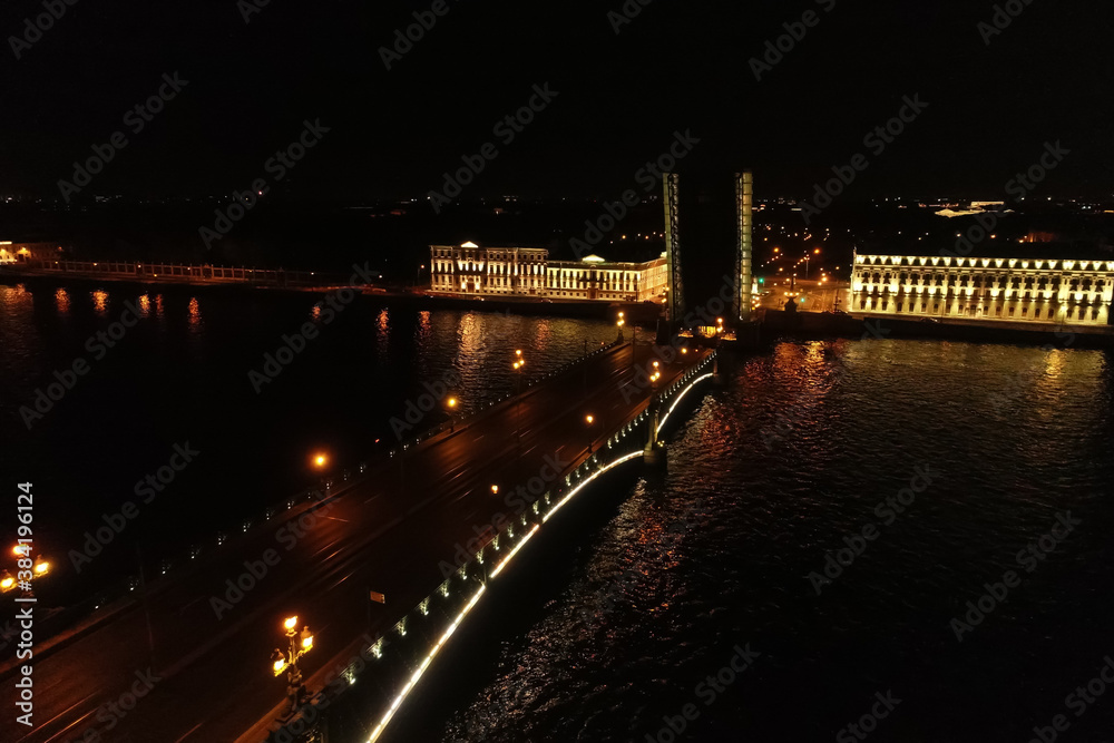 Fototapeta premium Aerial Townscape of Saint Petersburg City at Night. Troitskiy Bridge
