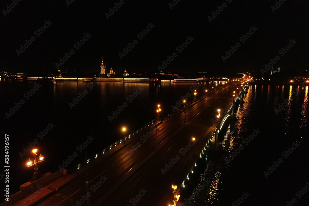 Fototapeta premium Aerial Townscape of Saint Petersburg City at Night. Troitskiy Bridge