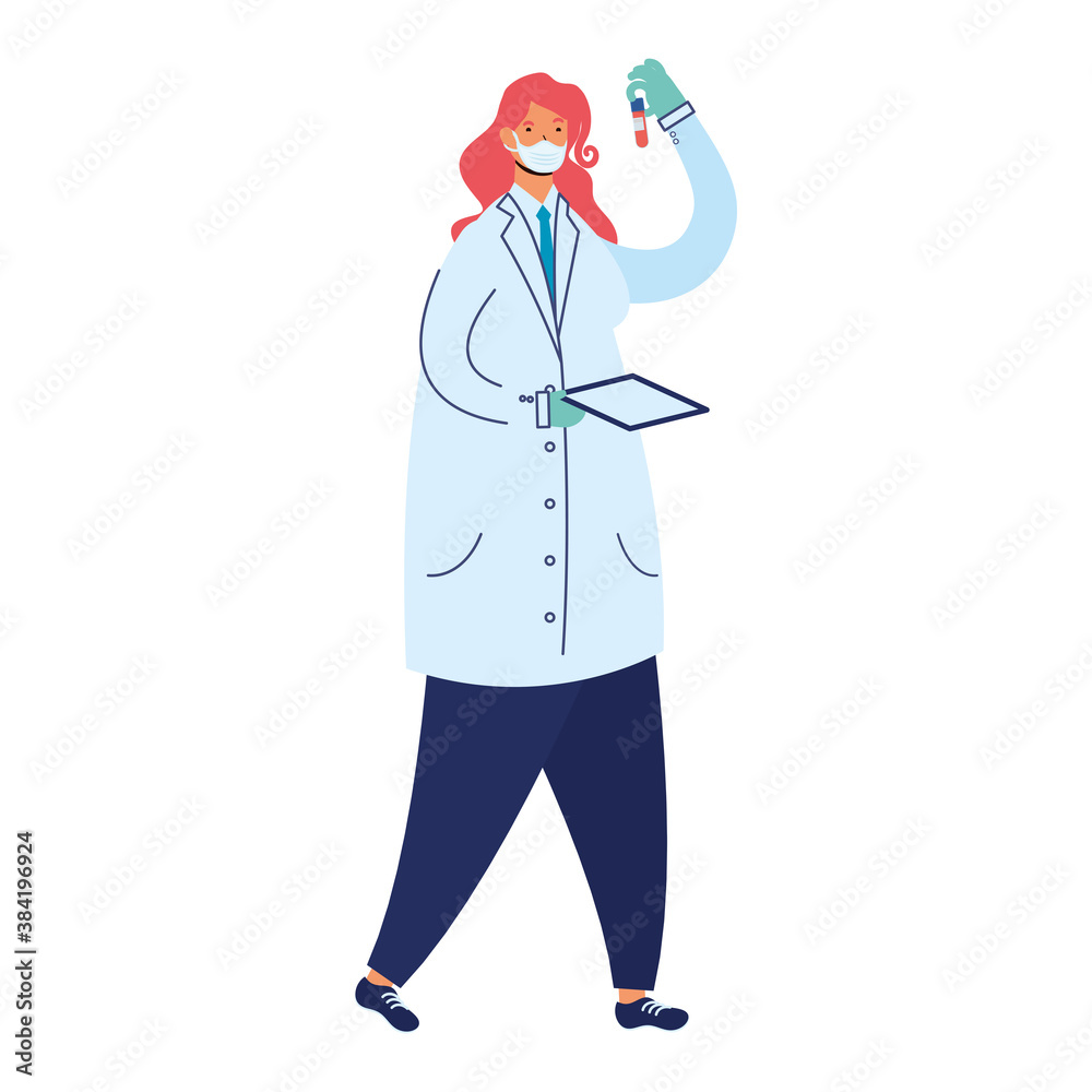 female doctor wearing medical mask with tube test flask laboratory