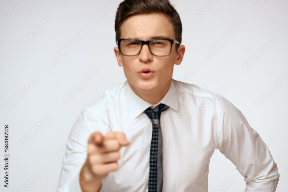 Business man in white shirt tie manager Office close-up light background