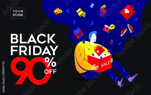 black friday banner or slider with a man excited expression seeing some items flying out of a sale box