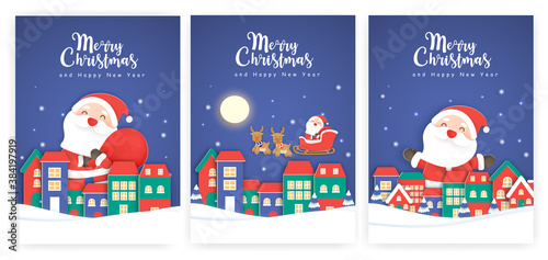 Set of Christmas cards and new year greeting cards with a cute Santa clause in the snow village. © Nattapohn