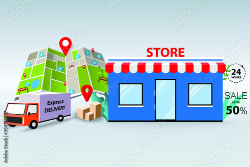 Concept of offline shopping, truck is ready to deliver the goods from store to customer in the city that show in a big map and marker in perspective view.