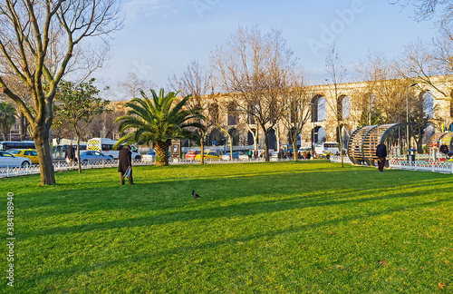 Sarachane Park with ancient aqueduct in Istanbul, Turkey photo