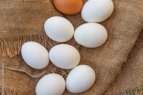 Chicken eggs on a coarse cannabis cloth. Close-up. Selective focus. View from above.