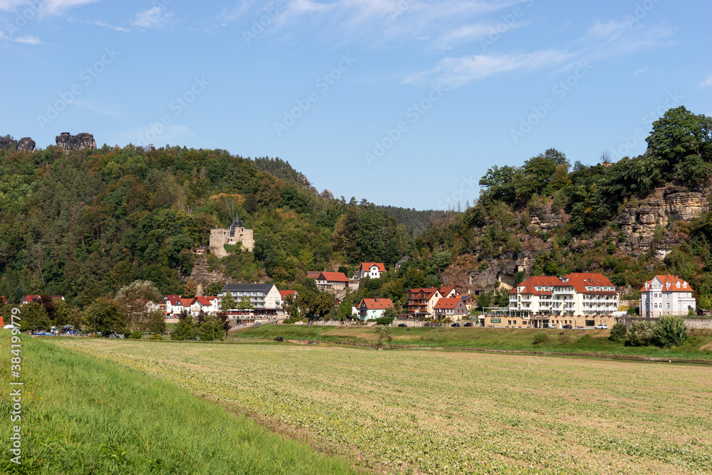 View of Elbe river sides in Elbe Sandstone mountains, resort Rathen. Saxon Switzerland. Germany View of Elbe river sides in Elbe Sandstone mountains, resort Rathen. Saxon Switzerland. Germany