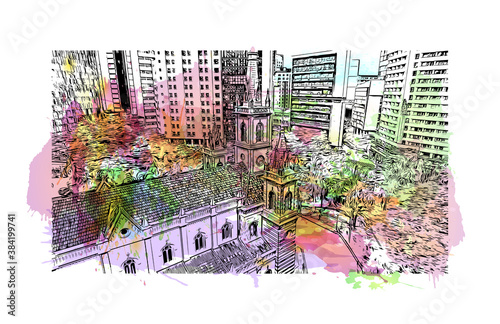 Building view with landmark of Belo Horizonte is the capital city of southeastern Brazil. watercolour splash with hand drawn sketch illustration in vector.