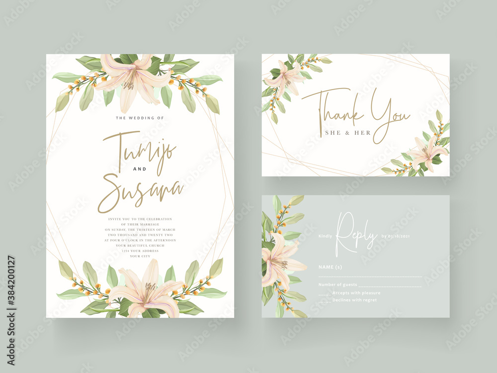 Obraz premium Beautiful lily flower wedding invitation card