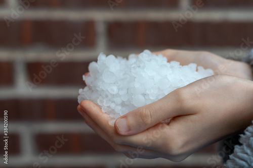 Young woman hands holding hailstones after a storm in front of a brick wall