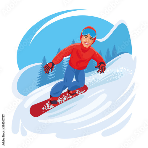 A BOY IN RED JACKET, BLUE TROUSERS, SKI GLASSES, HAT AND GLOVES RIDE THE SNOWBOARD GOING DOWN THE MOUNTAIN. vECTOR ILLUSTRATION, CHARACTER DESIGN