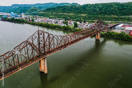 These are aerials of the abandoned cantilevered Bellaire Interstate Toll Bridge crosses the Ohio River between Bellaire, Ohio, and Benwood, West Virginia. © Sherman Cahal