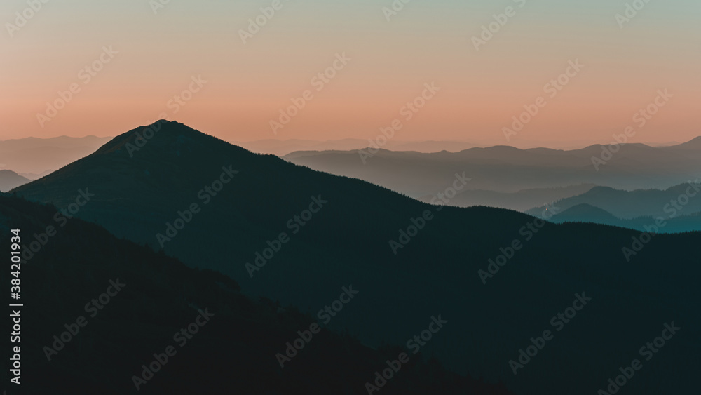 Ukrainian Carpathians, Montenegrin ridge, sunrise near the saddle of Montenegro, picturesque landscapes of Ukrainian mountains.