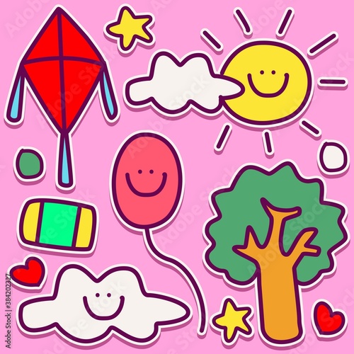hand drawn kawai doodle cartoon designs for wallpaper, stickers, coloring books, pins, emblems, logos and more