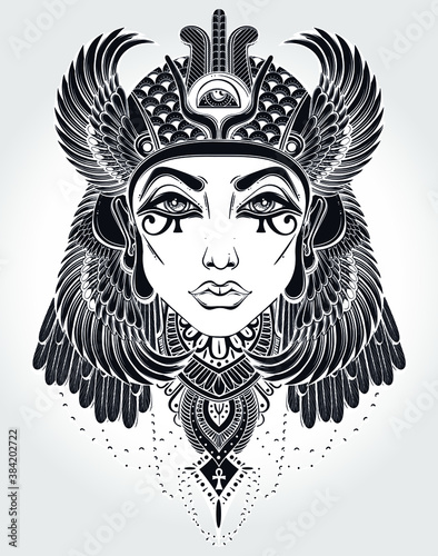 Hand-drawn vintage illustration of the ancient Cleopatra's head. Tattoo art, graphic, t-shirt design, postcard, poster design, coloring books,spirituality, occultism. Vector illustration.