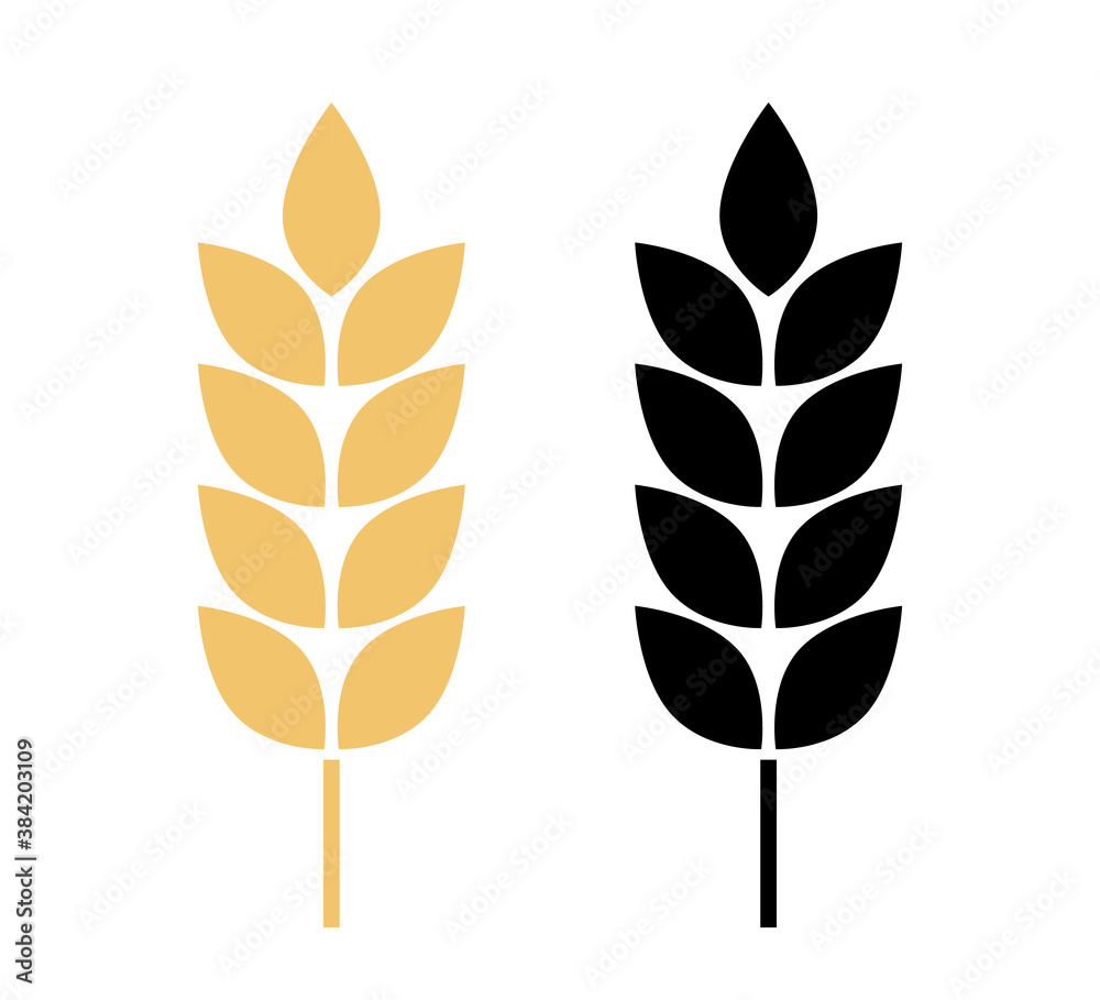 Wheat logo. Icon bakery. Spike wheat. Bread grain isolated on background. Stalk oat, barley, corn, rye, malt, bran, millet, maize, rice. Harvest seed for flour. Silhouette ear of wheat. Sign crop