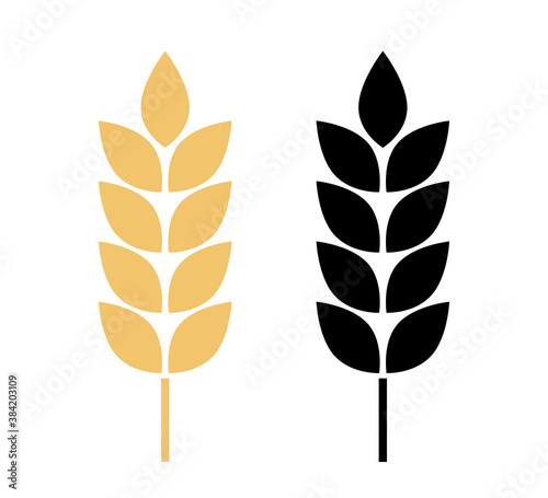 Wheat logo. Icon bakery. Spike wheat. Bread grain isolated on background. Stalk oat, barley, corn, rye, malt, bran, millet, maize, rice. Harvest seed for flour. Silhouette ear of wheat. Sign crop