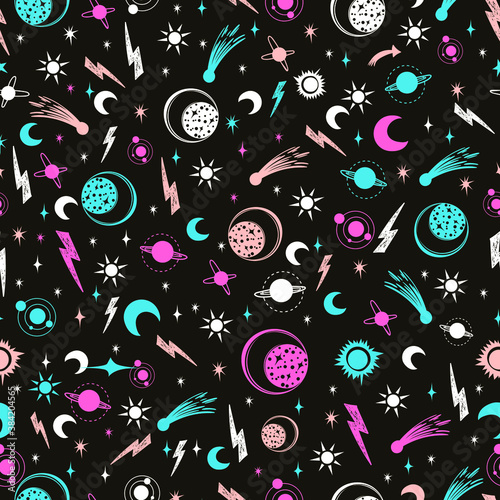 Hand draw seamless pattern of the night sky, sun, comets, planets. Boho style ornament. Can be used for fabric design, paper design, textiles, background. Vector Isolated.