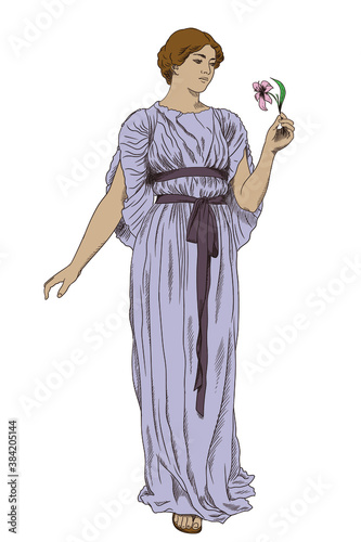 An ancient Greek girl in a tunic with a flower in her hand.
