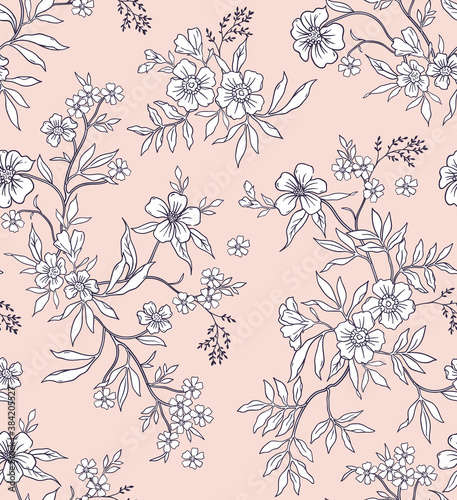 Elegant floral pattern in small white flowers. Liberty style. Floral seamless background for fashion prints. Ditsy print. Seamless vector texture. Spring bouquet.