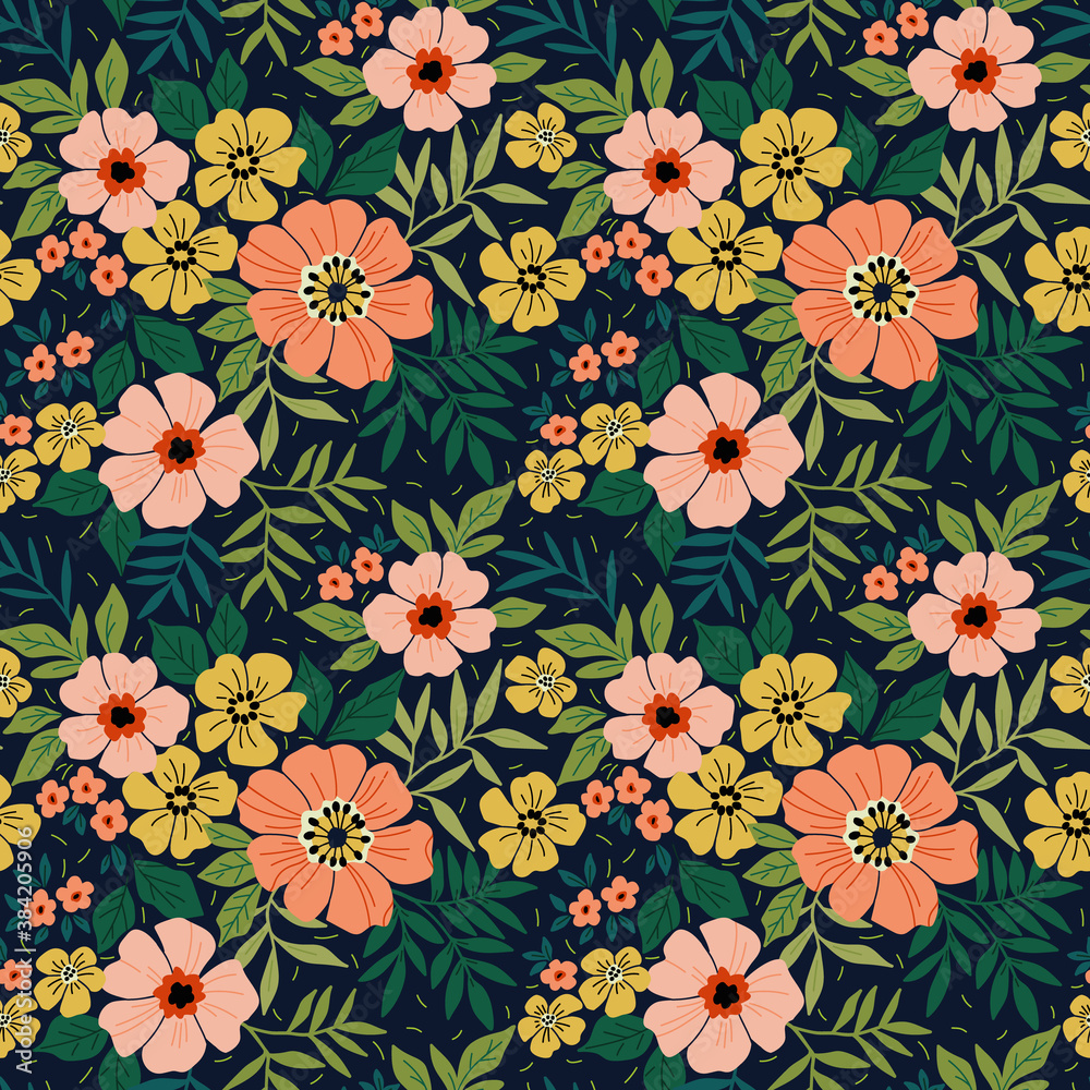 Floral pattern. Pretty flowers on black background. Printing with small coral and pink flowers. Ditsy print. Seamless vector texture. Spring bouquet.
