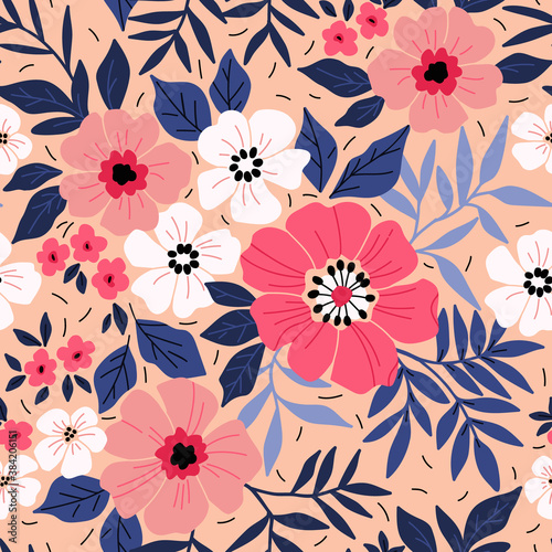 Beautiful floral pattern in small abstract flower. Small pink and white flowers. Coral background. Ditsy print. Floral seamless background. The elegant the template for fashion prints.