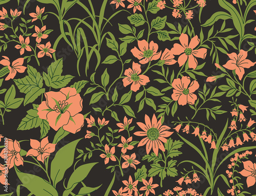 Vintage floral background. Seamless vector pattern for design and fashion prints. Floral pattern with colar flowers on a dark green background. Liberty style.
