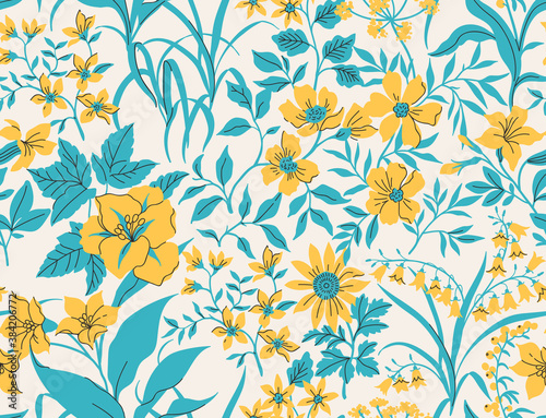 Seamless vintage floral pattern. White background, yellow flowers, blue leaves. Vector print with a liberty motif. Trendy design for surface.