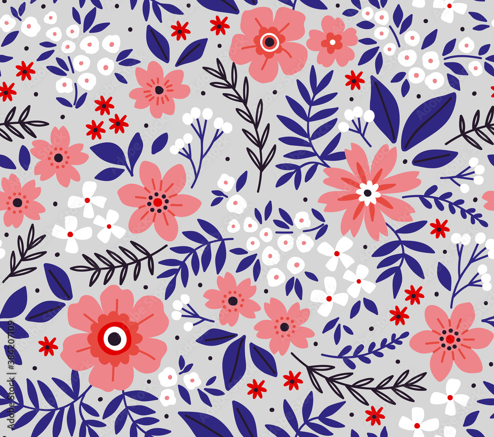 Vintage floral background. Seamless vector pattern for design and fashion prints. Flowers pattern with small pink and white flowers on a light gray background. Ditsy style.