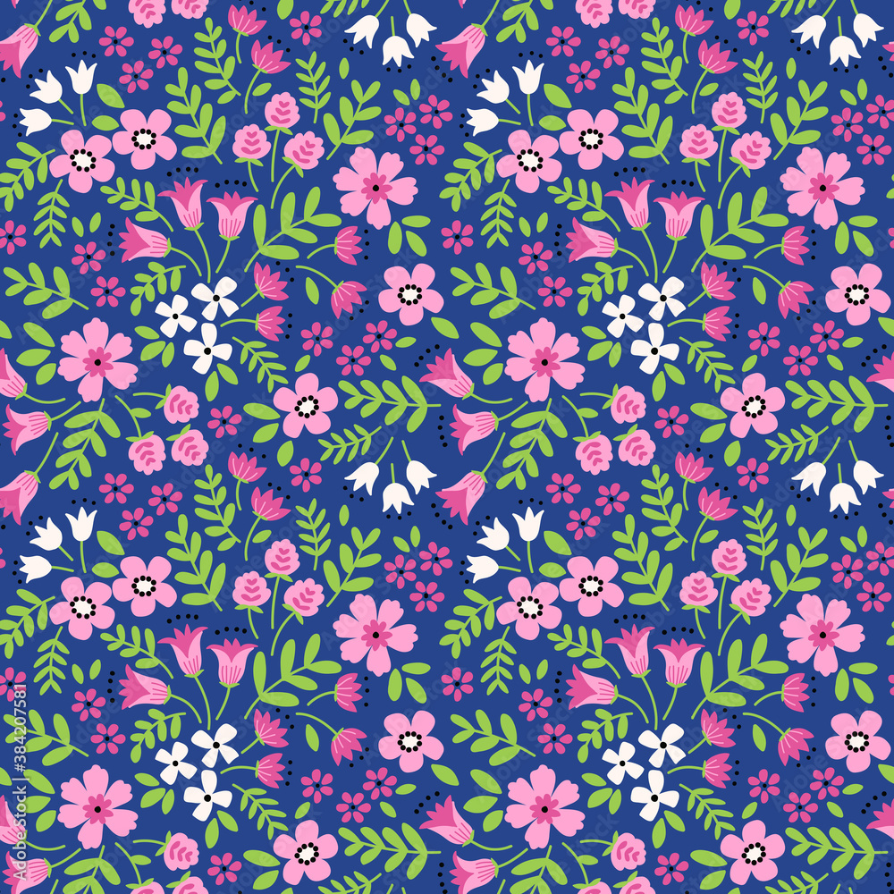 Vector seamless pattern. Pretty pattern in small flower. Small pink flowers. Bright lilac background. Ditsy floral background. The elegant the template for fashion prints.