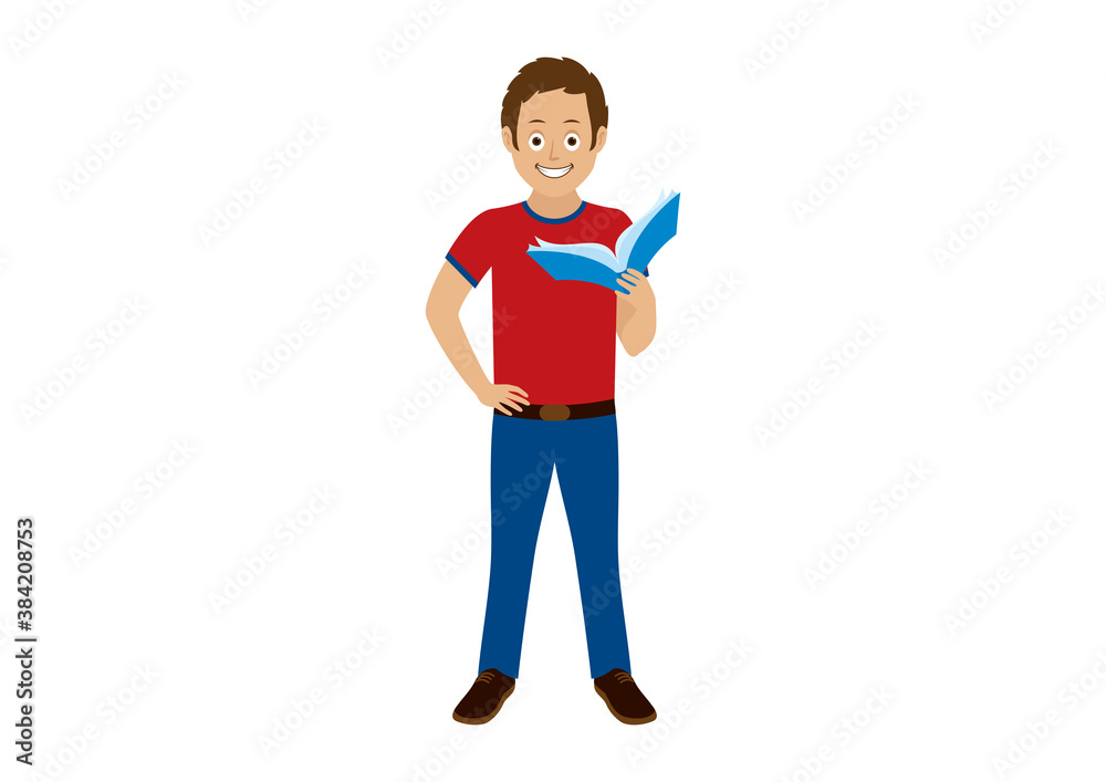 Standing man holding a book icon vector. Young man standing with hand on hip cartoon character. Cheerful man holding a book icon isolated on a white background. Male reader clip art Standing man holding a book icon vector. Young man standing with hand on hip cartoon character. Cheerful man holding a book icon isolated on a white background. Male reader clip art