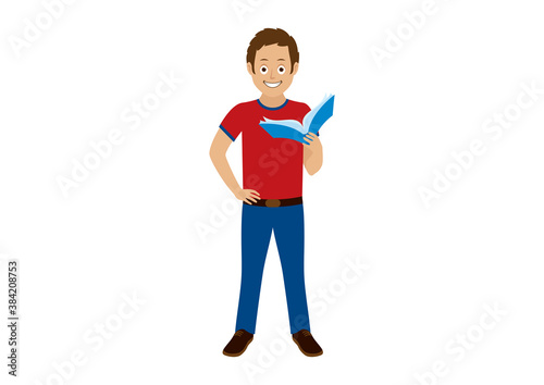 Standing man holding a book icon vector. Young man standing with hand on hip cartoon character. Cheerful man holding a book icon isolated on a white background. Male reader clip art