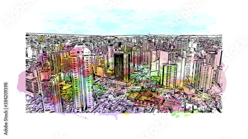 Building view with landmark of Belo Horizonte is the capital city of southeastern Brazil. watercolour splash with hand drawn sketch illustration in vector.
