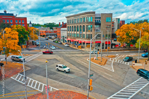 Aerial Drone Photography Of Downtown Dover, NH (New Hampshire) During The Fall Foliage Season