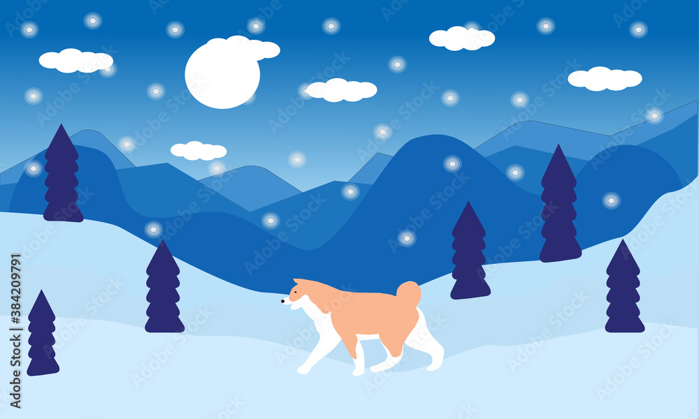 Winter forest, snowfall and dog, vector chart