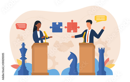Abstract negotiation concept. Political, diplomatic or business negotiations. A woman and a man are negotiating against a background of chess and a puzzle. Flat vector illustration.