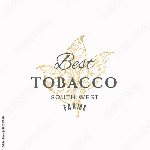Tobacco Leaf Abstract Vector Sign, Symbol or Logo Template. Herb Branch Sillhouette with Retro Typography. Vintage Luxury Emblem.