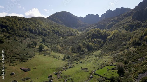 Aerial Valley in Trekking Route. Green Forest Autumn and Fall. Healthy Environment. Asturias, Spain.