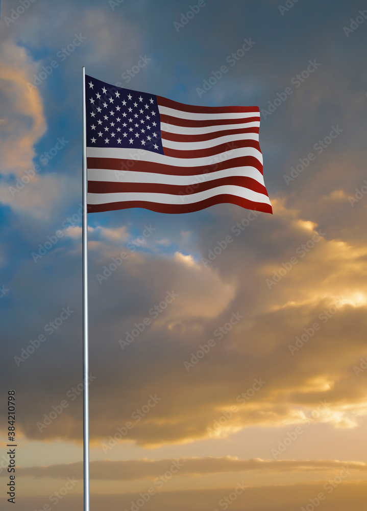 American flag waving during sunset