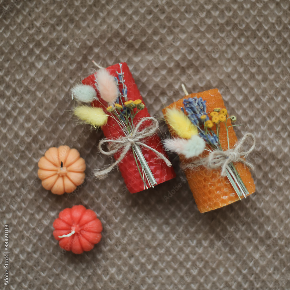 Autumn home decor with candles. Cozy fall composition. Happy thanksgiving concept. Hygge home decor. autumn holiday card design Autumn home decor with candles. Cozy fall composition. Happy thanksgiving concept. Hygge home decor. autumn holiday card design