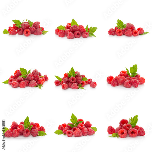 Raspberries collection with leaf isolated on white background