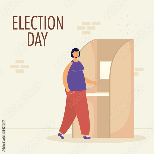 election day lettering with woman in voting cubicle