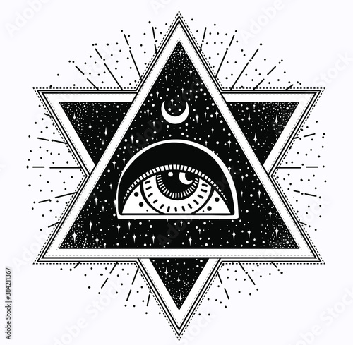 All-seeing eye is on the crossing of two traingles with starnight sky in each. New World Order.Freemason and spiritual, religion, spirituality, alchemy, occultism, tattoo art. Vector illustration.