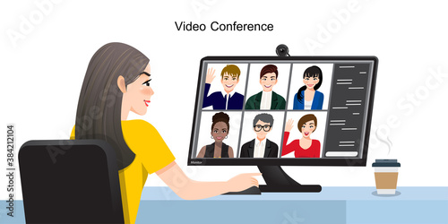 Video conference. Group video call. Colleagues communicate using a computer.