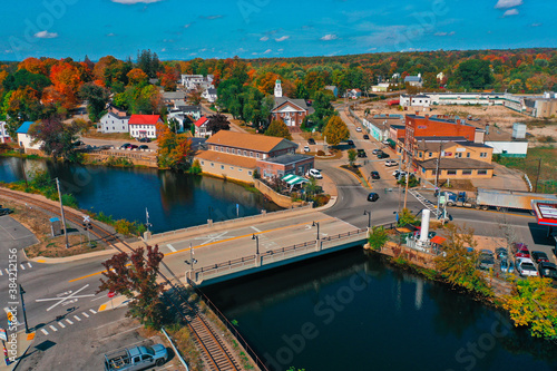 Fototapeta Naklejka Na Ścianę i Meble -  Aerial Drone Photography Of Downtown South Berwick, ME (Maine) During The Fall Foliage Season