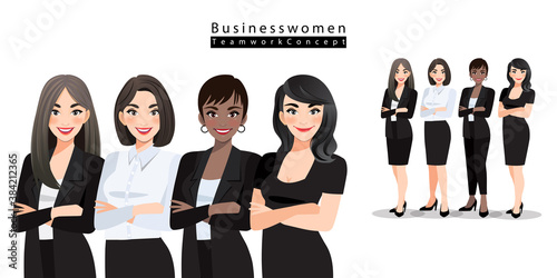 Businesswomen stand with arms folded together on white background. Teamwork concept,  cartoon character design vector illustration