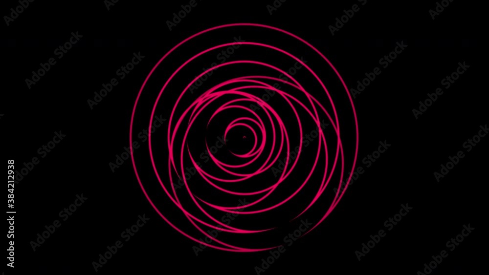 Red graphic object, placed in the center that duplicates and expands in concentric waves, while it rotates clockwise and increases the size, then continues with the generated effect. Red graphic object, placed in the center that duplicates and expands in concentric waves, while it rotates clockwise and increases the size, then continues with the generated effect.