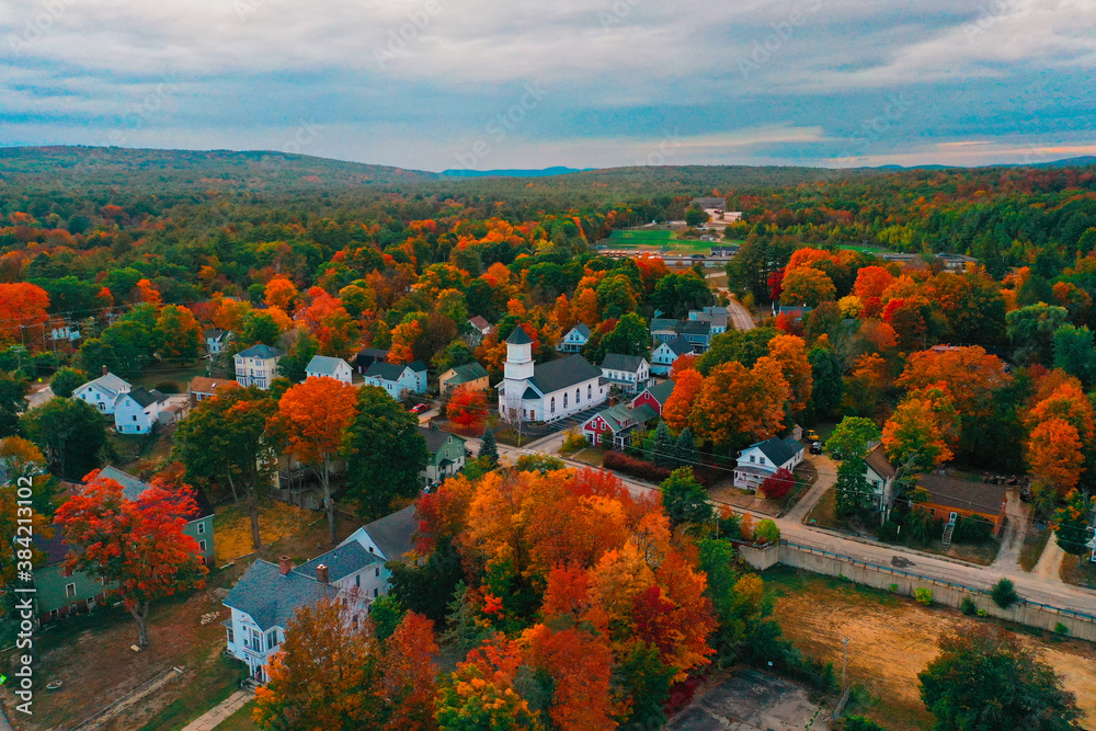 Aerial Drone Photography Of Downtown Farmington, NH (New Hampshire) During The Fall Foliage Season
