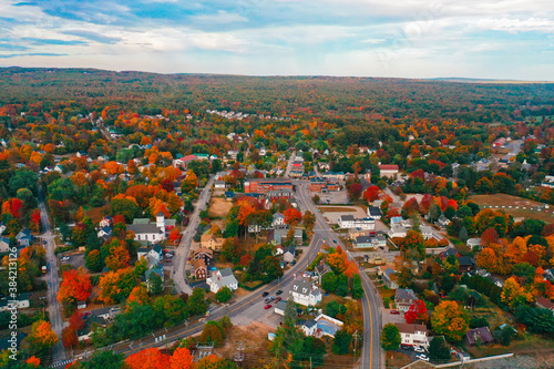 Aerial Drone Photography Of Downtown Farmington, NH (New Hampshire) During The Fall Foliage Season