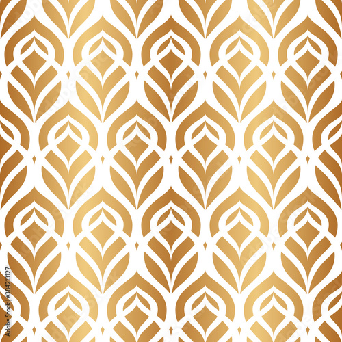 Peacock feather. Vector seamless pattern. Gold elegant floral background. Abstract geometric texture. Golden peacock feather. Contemporary wallpaper. Design prints. Bird plumage. Vector illustration