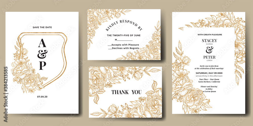 wedding invitation set with line art flower gold